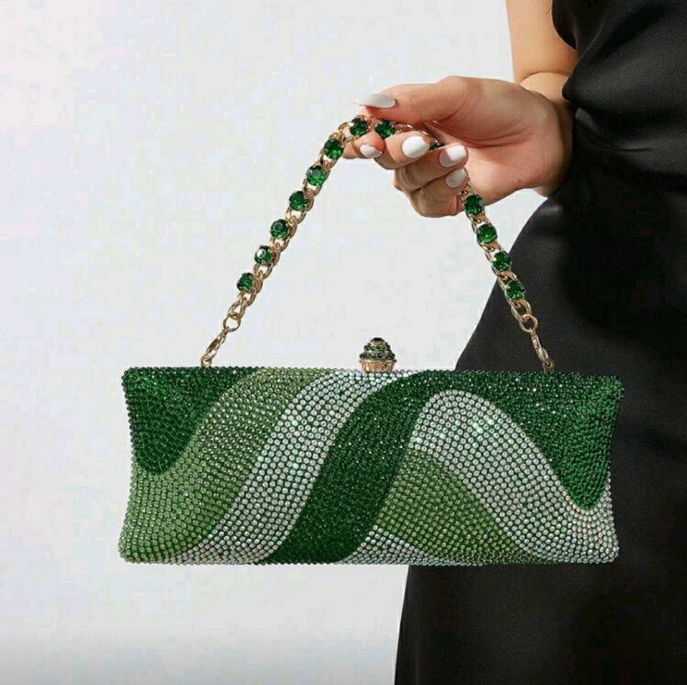 Green Rhinestone Purse Bag With Gold Chain And Green Rhinestone Removable Straps